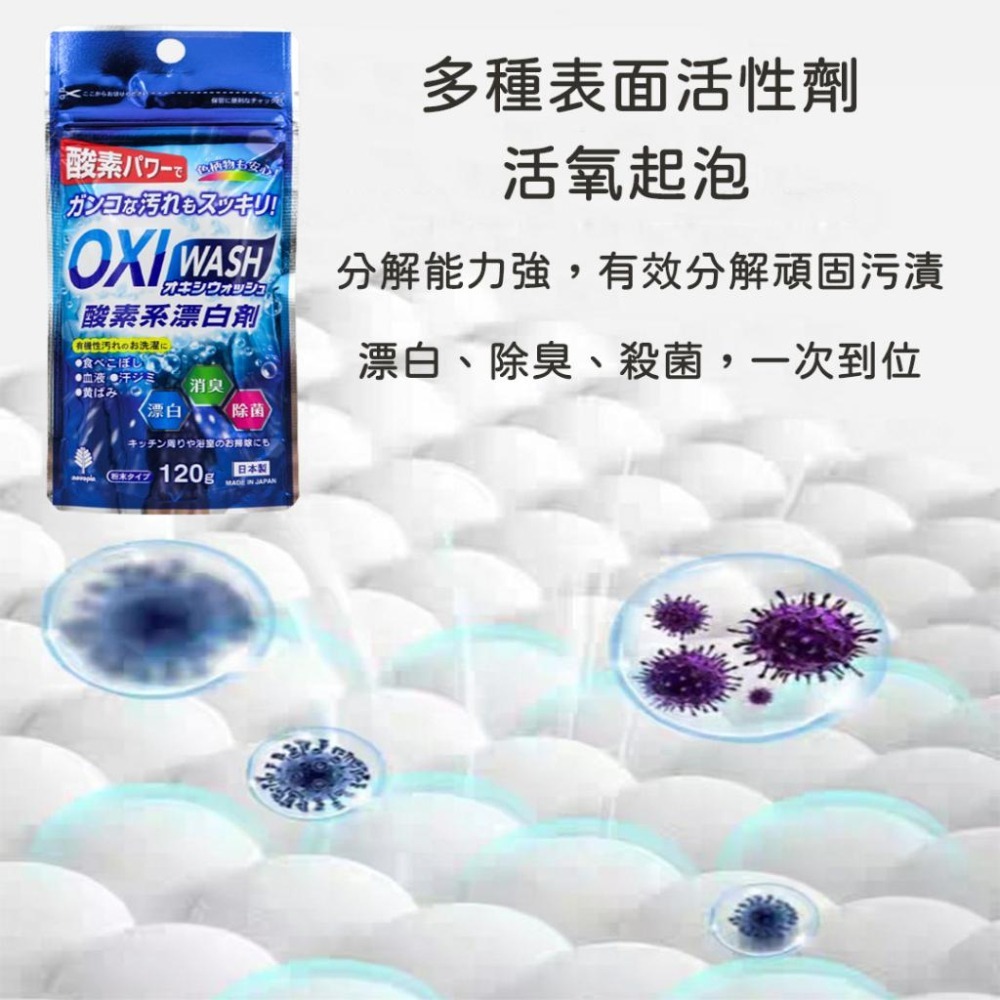 《小孩。同》日本 紀陽除蟲菊 OXI WASH 酸素系漂白劑/120g  日本製  衣物漂白 茶漬餐具清潔 萬用清潔-細節圖2