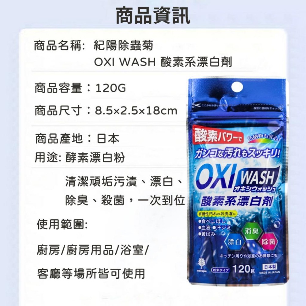 《小孩。同》日本 紀陽除蟲菊 OXI WASH 酸素系漂白劑/120g  日本製  衣物漂白 茶漬餐具清潔 萬用清潔-細節圖7