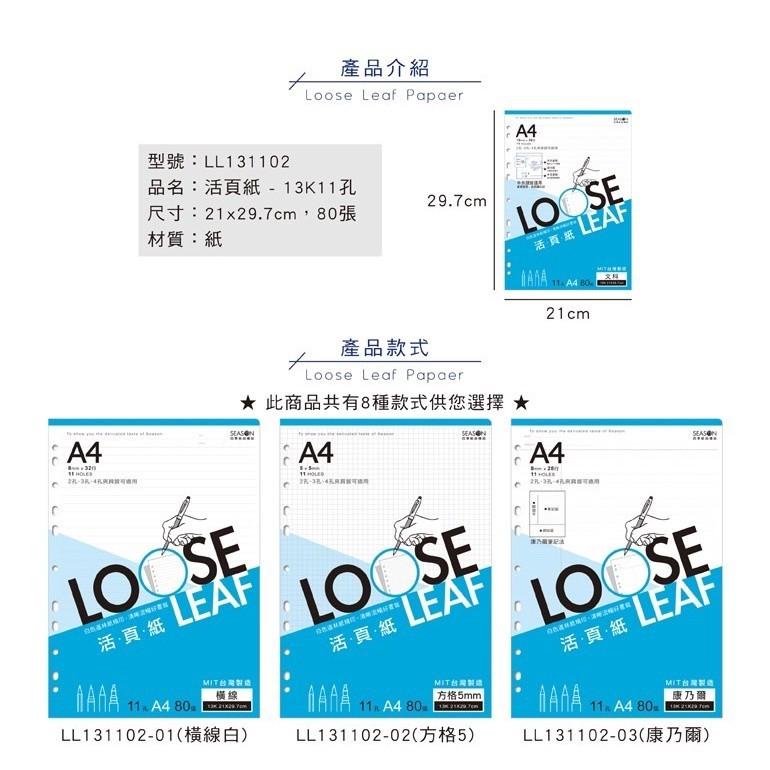 現貨正版 11孔活頁紙 A4 內頁 補充頁 方格 橫線 康乃爾 五線譜 會議記錄 行程規劃 年度計劃 企劃 數理 文科-細節圖2