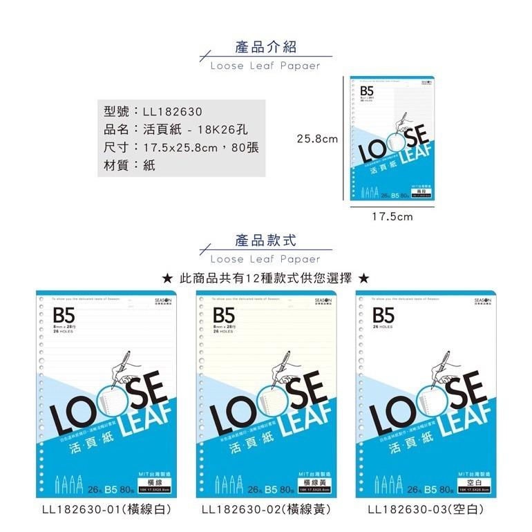 現貨正版 18K26孔活頁紙 B5 內頁 補充頁 活頁紙 橫線 空白 方格 康乃爾 五線譜 筆記 備忘 會議紀錄 企劃案-細節圖2
