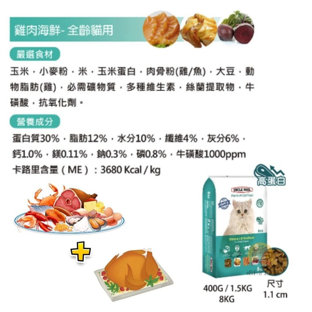 樂居商城【現貨】Uncle Paul 保羅叔叔 高級貓糧 貓飼料 雞肉海鮮 海鮮燕麥 雞肉糙米 保羅叔叔貓飼料18公斤-細節圖3