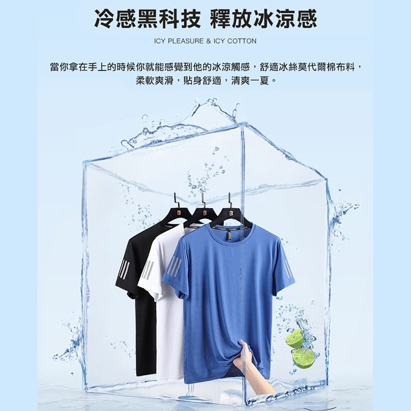 大尺碼-涼爽冰絲印花圓領T恤-黑/白/深灰/彩藍/軍綠/湖藍-0201045-細節圖8