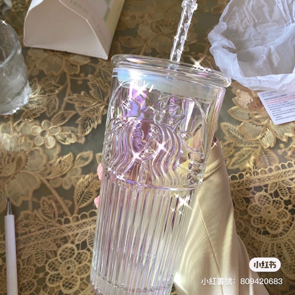 現貨 星巴克 女神杯 玻璃杯 吸管杯 天空雲朵 極光幻彩 炫彩透明 墨綠  粉色 櫻花粉 復古經典 冷水杯-細節圖2