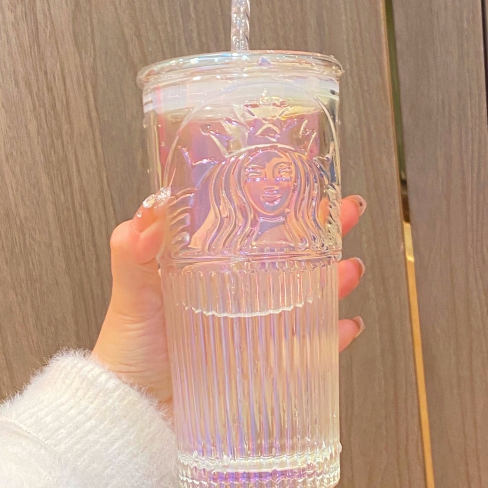 現貨 星巴克 女神杯 玻璃杯 吸管杯 天空雲朵 極光幻彩 炫彩透明 墨綠  粉色 櫻花粉 復古經典 冷水杯-細節圖3