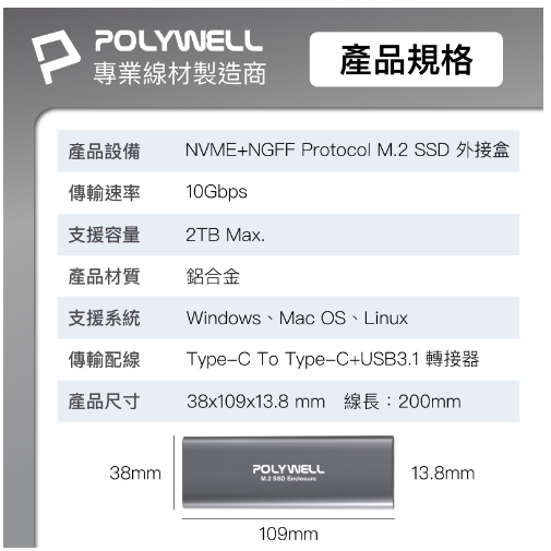 富田資訊 含稅 POLYWELL M.2 SSD行動硬碟外接盒 NVMe/NGFF雙協議 Type-C介面 瑞昱晶片-細節圖9