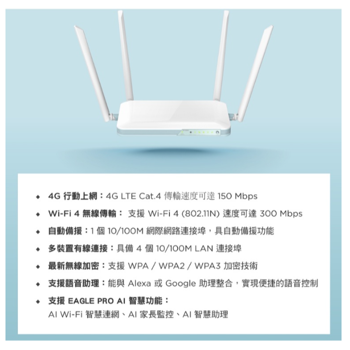 現貨 D-Link 友訊 G403 EAGLE PRO AI 4G LTE SIM卡 Cat.4 N300 無線路由器-細節圖2