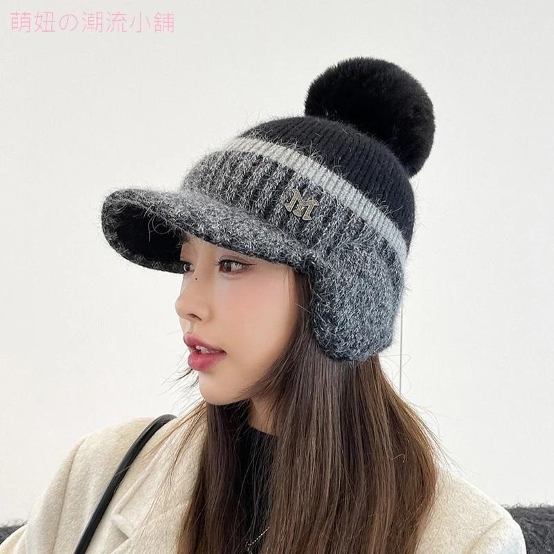 【台灣現貨】韓國拼色加絨加厚耳包兔毛帽 冬天防風護臉護耳針織帽 毛線帽 毛帽 女帽 女帽子 棒球帽 女-細節圖2
