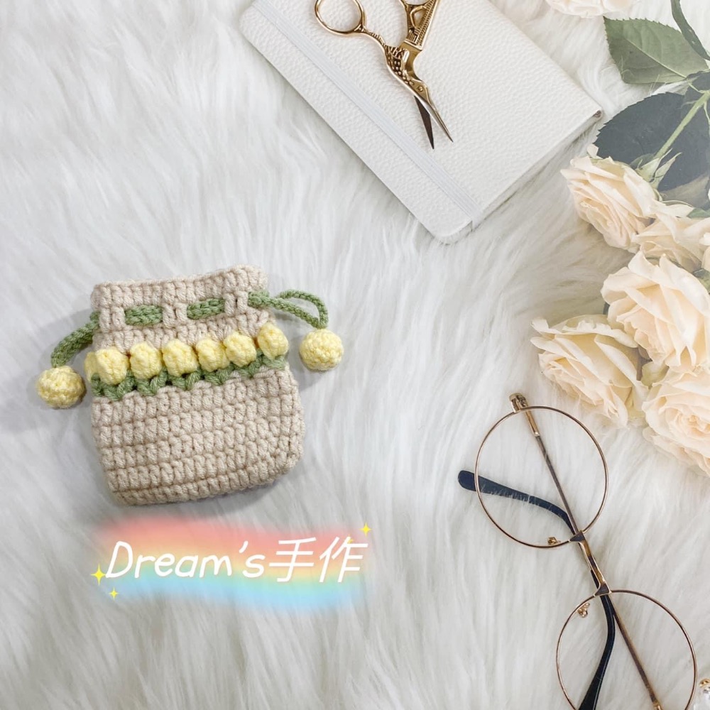 💖Dream’s 手作💖鬱金香毛線編織束口袋，可放隨身小物、口紅、護唇膏，也可放Air Pods 。-細節圖3