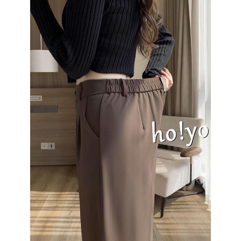 韓系百搭 🇹🇼現貨 不易皺高質感 西裝褲高腰前拉鍊後鬆緊 垂墜感落地褲 拖地褲  寬褲 闊腿褲 長褲女 直筒褲-細節圖9