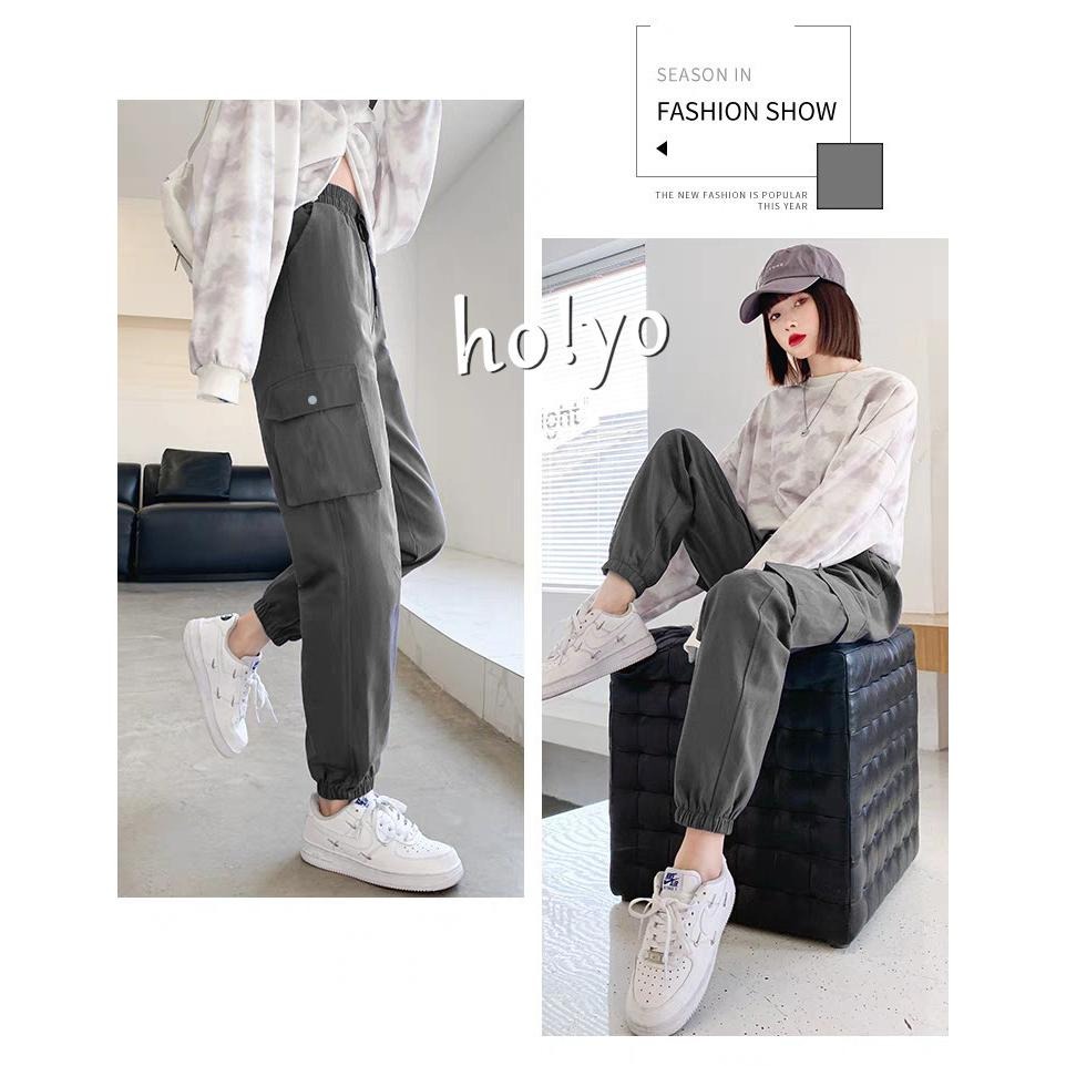 現貨🇹🇼高腰鬆緊綁繩 束口工作褲 側大口袋 束口褲 縮口褲 顯瘦百搭 工裝褲 哈倫褲 運動褲 休閒長褲 休閒褲 女生長褲-細節圖3