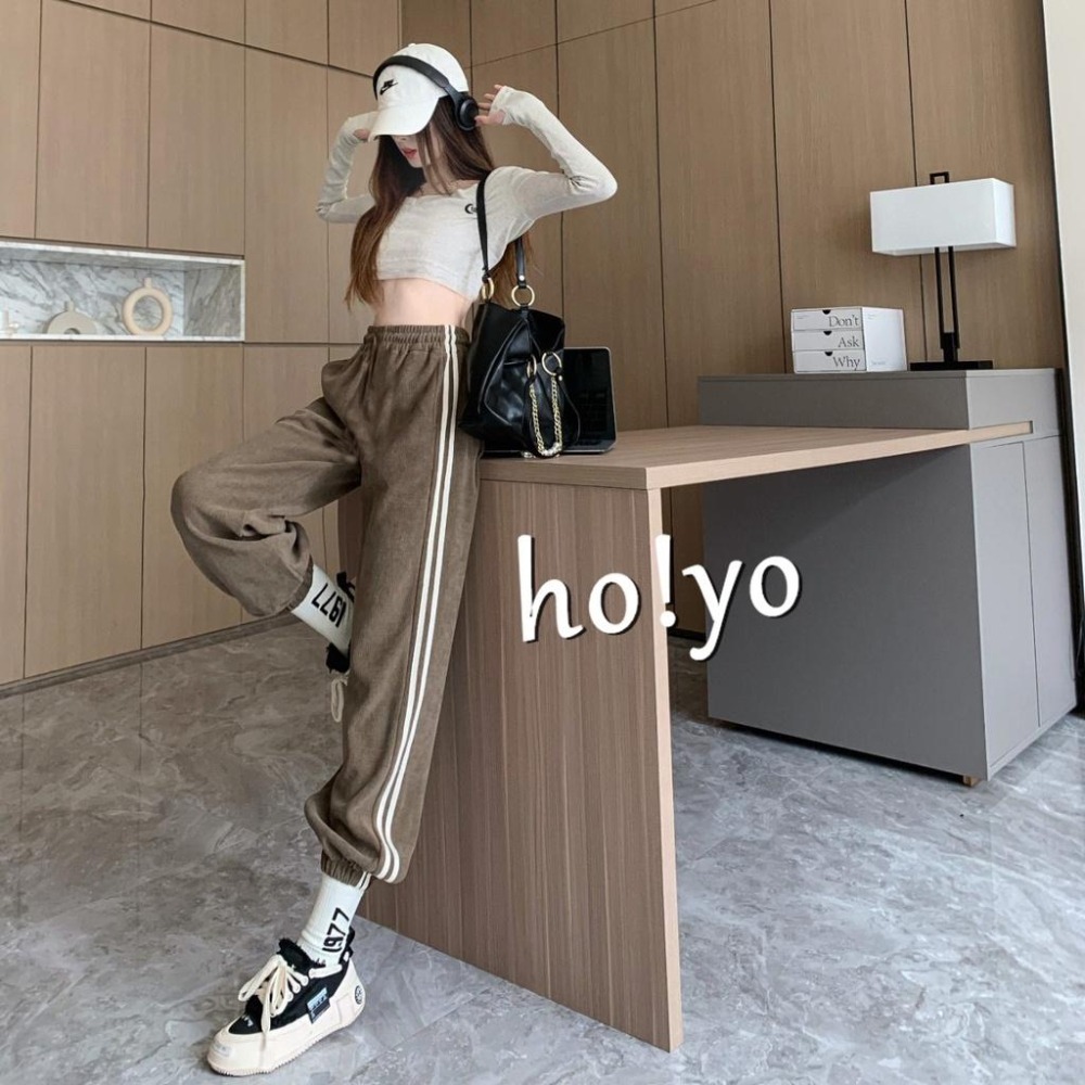 保暖德絨面料 秋冬 鬆緊彈力 高腰 休閒褲 休閒長褲 保暖褲 暖暖褲 束口褲 縮口褲 運動褲 長褲女 哈倫褲 工作褲-細節圖2