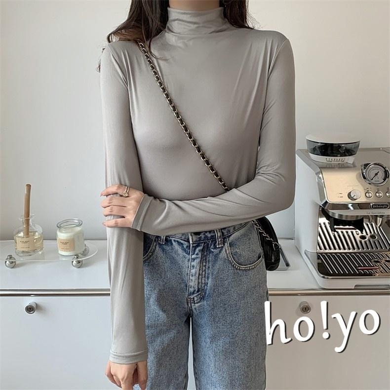 韓系大彈力 顯瘦修身百搭 純色 半高領 立領打底衫 親膚柔軟 緊身衣 內搭衣 長袖T恤 素T 保暖衣 面膜T 長袖上衣-細節圖3