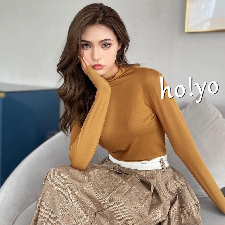 韓系大彈力 顯瘦修身百搭 純色 半高領 立領打底衫 親膚柔軟 緊身衣 內搭衣 長袖T恤 素T 保暖衣 面膜T 長袖上衣-細節圖4