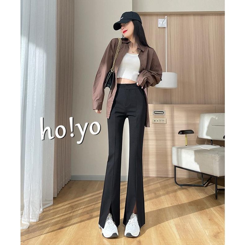 MIT🇹🇼獨家訂製 韓系中高腰鬆緊開衩喇叭褲 顯瘦 垂墜感 落地褲 闊腿長褲 彈力 反車線小喇叭褲 黑褲 通勤百搭長-細節圖2