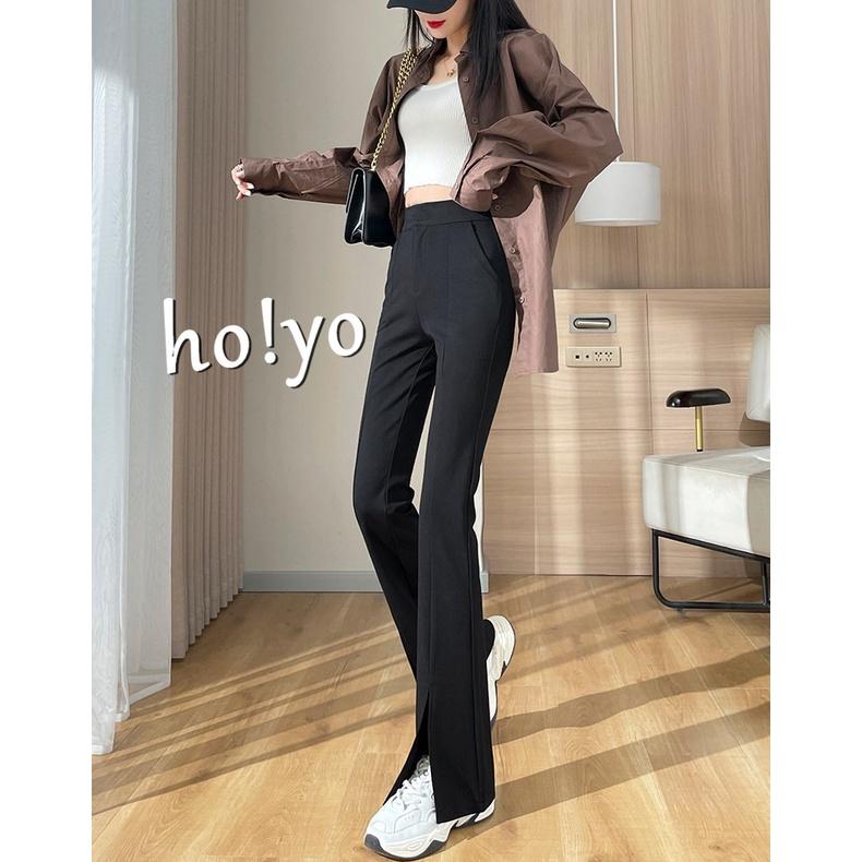 MIT🇹🇼獨家訂製 韓系中高腰鬆緊開衩喇叭褲 顯瘦 垂墜感 落地褲 闊腿長褲 彈力 反車線小喇叭褲 黑褲 通勤百搭長-細節圖3