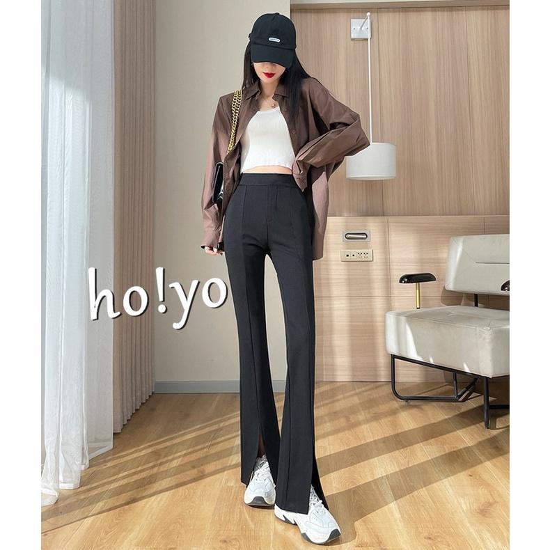 MIT🇹🇼獨家訂製 韓系中高腰鬆緊開衩喇叭褲 顯瘦 垂墜感 落地褲 闊腿長褲 彈力 反車線小喇叭褲 黑褲 通勤百搭長-細節圖4