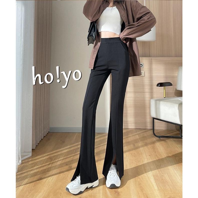 MIT🇹🇼獨家訂製 韓系中高腰鬆緊開衩喇叭褲 顯瘦 垂墜感 落地褲 闊腿長褲 彈力 反車線小喇叭褲 黑褲 通勤百搭長-細節圖5