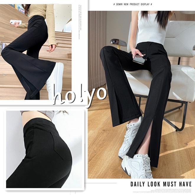 MIT🇹🇼獨家訂製 韓系中高腰鬆緊開衩喇叭褲 顯瘦 垂墜感 落地褲 闊腿長褲 彈力 反車線小喇叭褲 黑褲 通勤百搭長-細節圖6