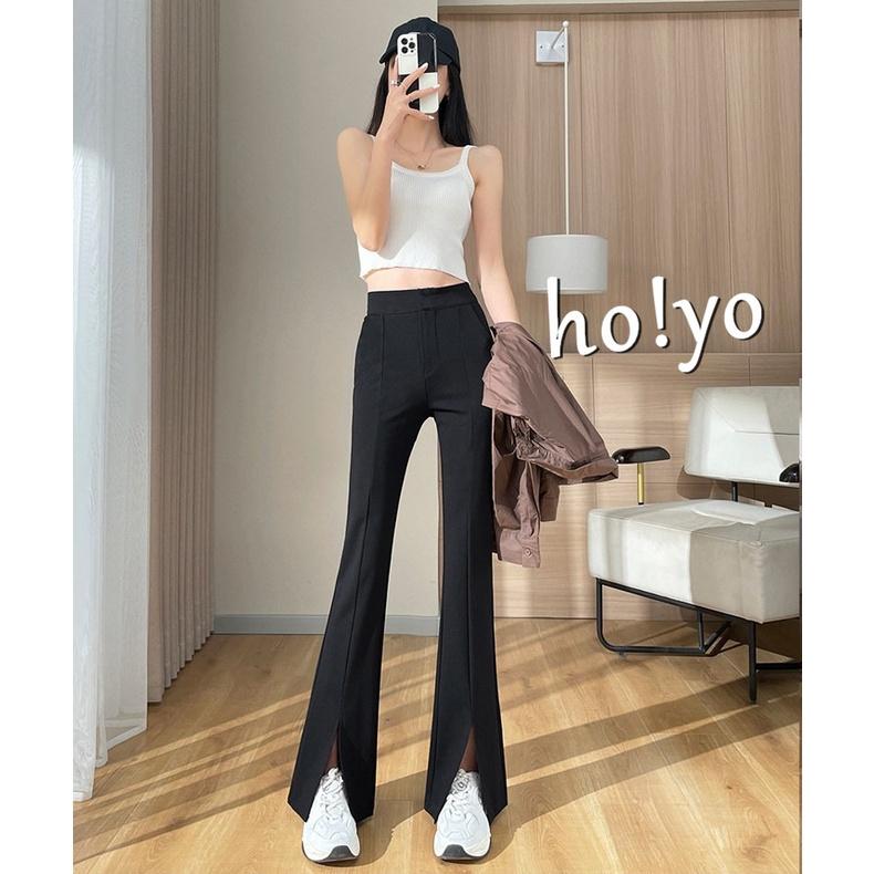 MIT🇹🇼獨家訂製 韓系中高腰鬆緊開衩喇叭褲 顯瘦 垂墜感 落地褲 闊腿長褲 彈力 反車線小喇叭褲 黑褲 通勤百搭長-細節圖7