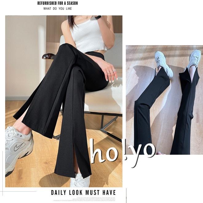 MIT🇹🇼獨家訂製 韓系中高腰鬆緊開衩喇叭褲 顯瘦 垂墜感 落地褲 闊腿長褲 彈力 反車線小喇叭褲 黑褲 通勤百搭長-細節圖8