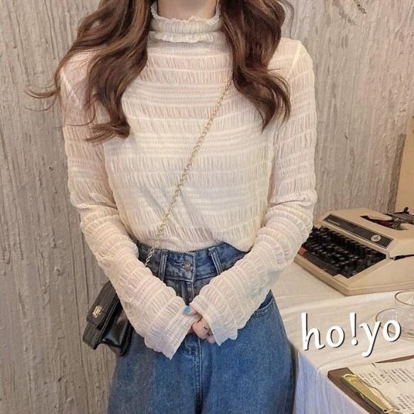 包色🇹🇼 韓系高領 蕾絲上衣 親膚彈性內搭衣 外穿 內搭 打底衫 蕾絲內搭 性感 長袖上衣 網紗上衣 蕾絲透膚 內搭上衣-細節圖5