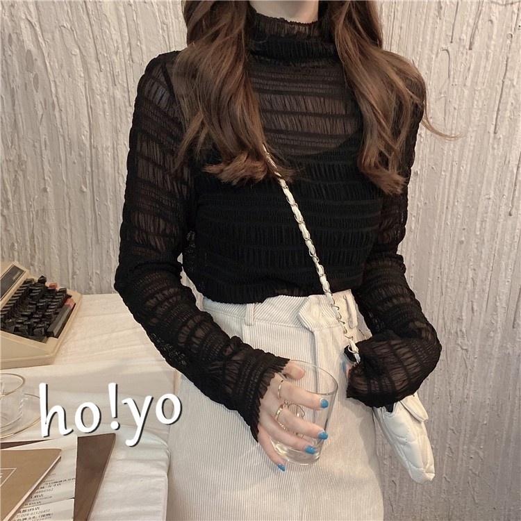 包色🇹🇼 韓系高領 蕾絲上衣 親膚彈性內搭衣 外穿 內搭 打底衫 蕾絲內搭 性感 長袖上衣 網紗上衣 蕾絲透膚 內搭上衣-細節圖6