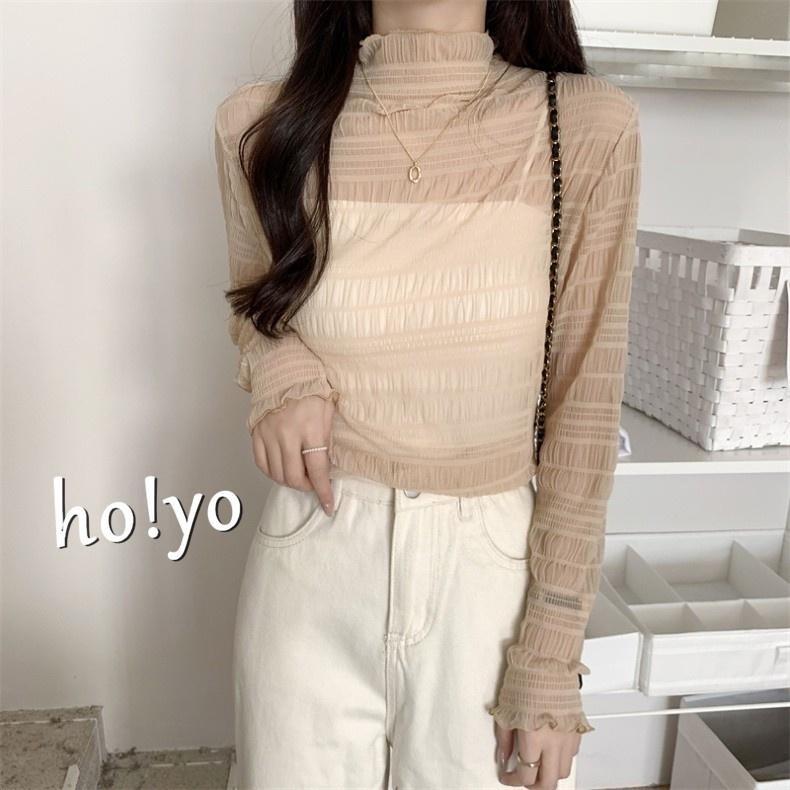 包色🇹🇼 韓系高領 蕾絲上衣 親膚彈性內搭衣 外穿 內搭 打底衫 蕾絲內搭 性感 長袖上衣 網紗上衣 蕾絲透膚 內搭上衣-細節圖7