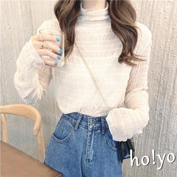 包色🇹🇼 韓系高領 蕾絲上衣 親膚彈性內搭衣 外穿 內搭 打底衫 蕾絲內搭 性感 長袖上衣 網紗上衣 蕾絲透膚 內搭上衣-細節圖9