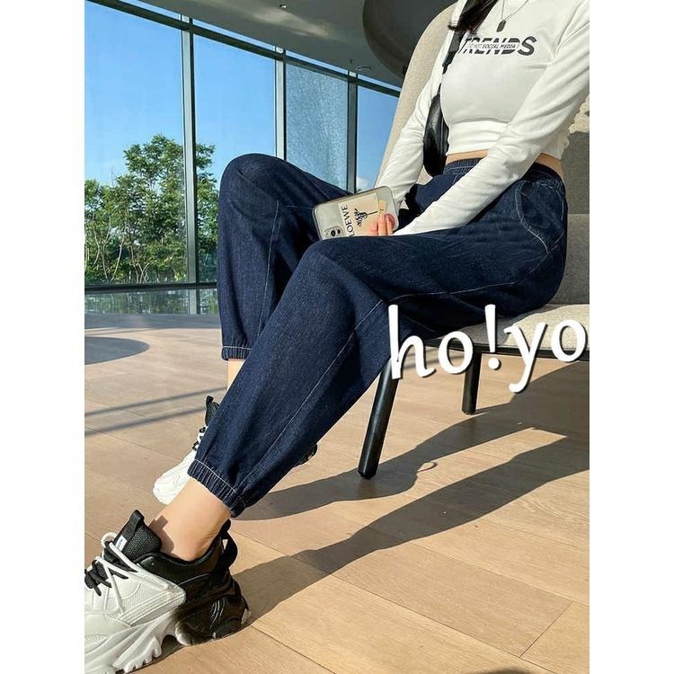 高腰鬆緊牛仔束口褲 中大尺碼 牛仔長褲 縮口褲 牛仔褲 工作褲 休閒褲 寬鬆顯瘦 長褲 老爹褲 哈倫褲 休閒長褲街頭穿搭-細節圖3