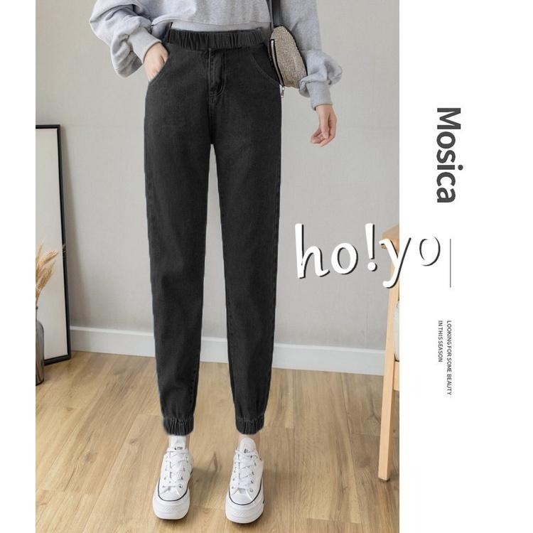 高腰鬆緊牛仔束口褲 中大尺碼 牛仔長褲 縮口褲 牛仔褲 工作褲 休閒褲 寬鬆顯瘦 長褲 老爹褲 哈倫褲 休閒長褲街頭穿搭-細節圖4