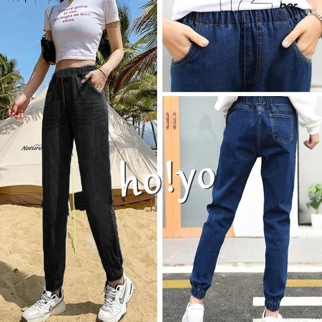 高腰鬆緊牛仔束口褲 中大尺碼 牛仔長褲 縮口褲 牛仔褲 工作褲 休閒褲 寬鬆顯瘦 長褲 老爹褲 哈倫褲 休閒長褲街頭穿搭-細節圖5