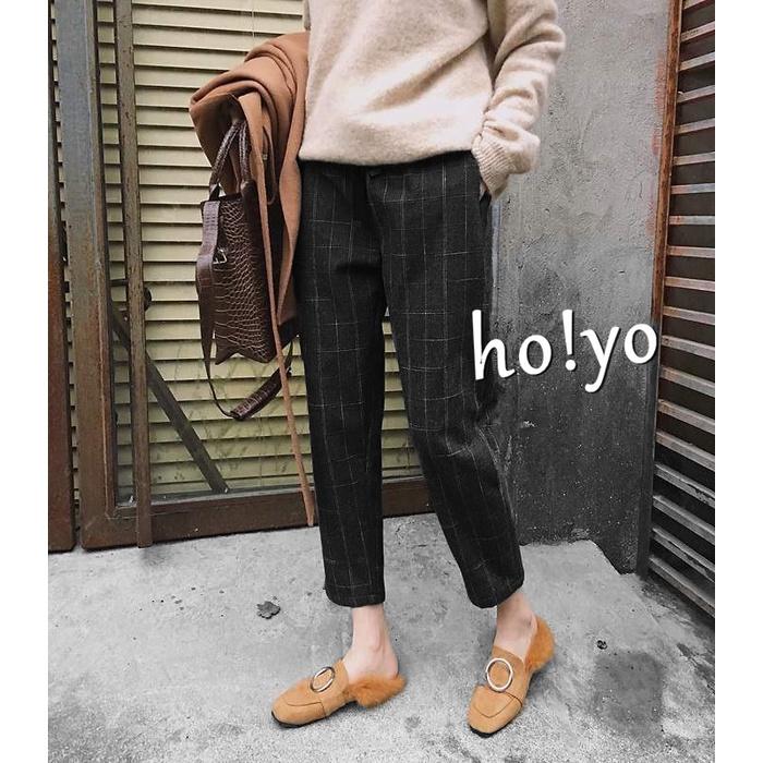 搶手🇹🇼 中厚抗皺 日系 哈倫褲 英倫風 格子褲 老爺褲 褲子老爹褲 高腰寬褲  秋冬長褲女 休閒褲 休閒長褲 冬天褲子-細節圖4
