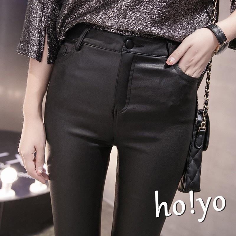 獨家訂製🇹🇼秒瘦 韓妞必備 不爆皮高彈力 -5KG 韓系顯瘦皮褲 長褲 鬆緊帶 啞光霧面皮褲黑褲 修身小腳褲 內搭外穿-細節圖5