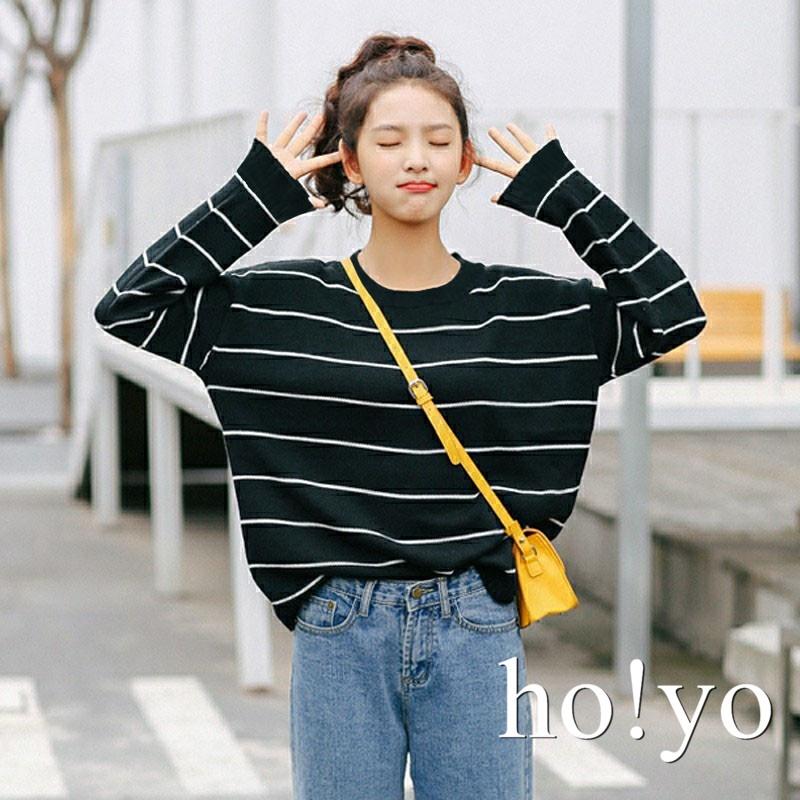 台灣現貨🇹🇼高彈力中厚款 微磨毛 精梳棉 冬天 長袖上衣 寬鬆大學T 日系 條紋上衣 保暖衣 打底衫 女 長袖T恤-細節圖3