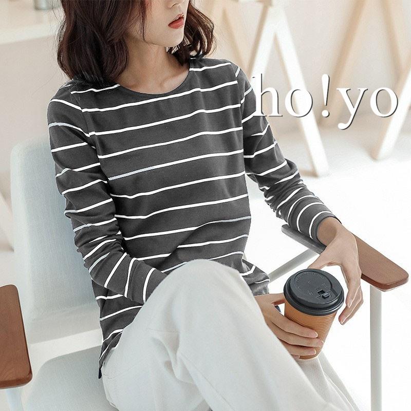 台灣現貨🇹🇼高彈力中厚款 微磨毛 精梳棉 冬天 長袖上衣 寬鬆大學T 日系 條紋上衣 保暖衣 打底衫 女 長袖T恤-細節圖4