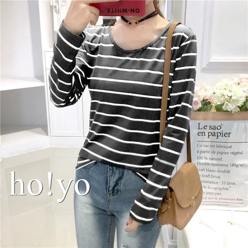 台灣現貨🇹🇼高彈力中厚款 微磨毛 精梳棉 冬天 長袖上衣 寬鬆大學T 日系 條紋上衣 保暖衣 打底衫 女 長袖T恤-細節圖5