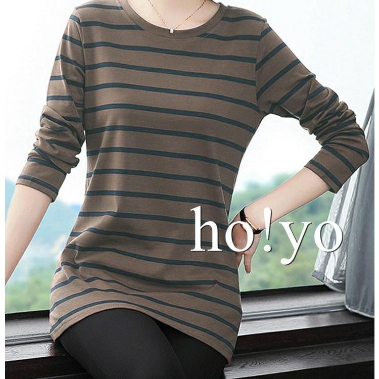 台灣現貨🇹🇼高彈力中厚款 微磨毛 精梳棉 冬天 長袖上衣 寬鬆大學T 日系 條紋上衣 保暖衣 打底衫 女 長袖T恤-細節圖6
