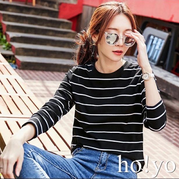 台灣現貨🇹🇼高彈力中厚款 微磨毛 精梳棉 冬天 長袖上衣 寬鬆大學T 日系 條紋上衣 保暖衣 打底衫 女 長袖T恤-細節圖7