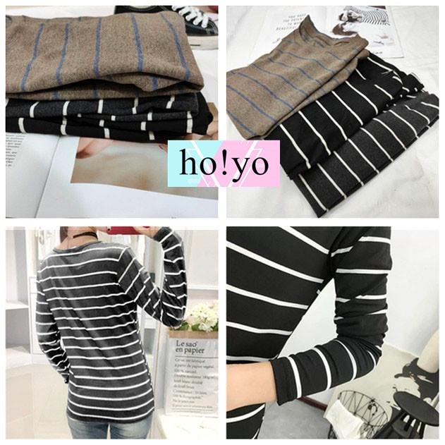 台灣現貨🇹🇼高彈力中厚款 微磨毛 精梳棉 冬天 長袖上衣 寬鬆大學T 日系 條紋上衣 保暖衣 打底衫 女 長袖T恤-細節圖8