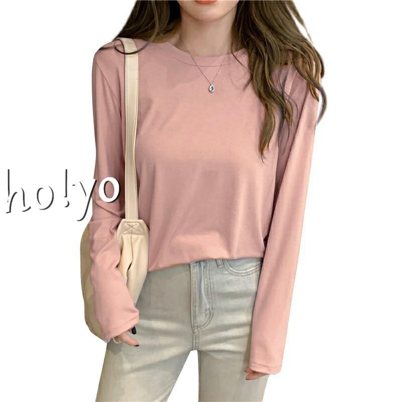 純色🇹🇼 日系高質感德絨 長袖素T 女 微磨毛 長袖T恤 冬天 保暖上衣 大學T素面 純色長T 素T 圓領T恤 打底衫-細節圖4