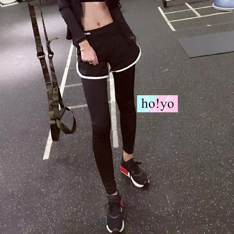 【台灣現貨】💋6色 速乾吸濕排汗 涼感 假兩件 瑜珈褲 韻律褲 運動褲 女生 休閒褲 排汗褲 彈力 瑜伽褲 收腹褲-細節圖2