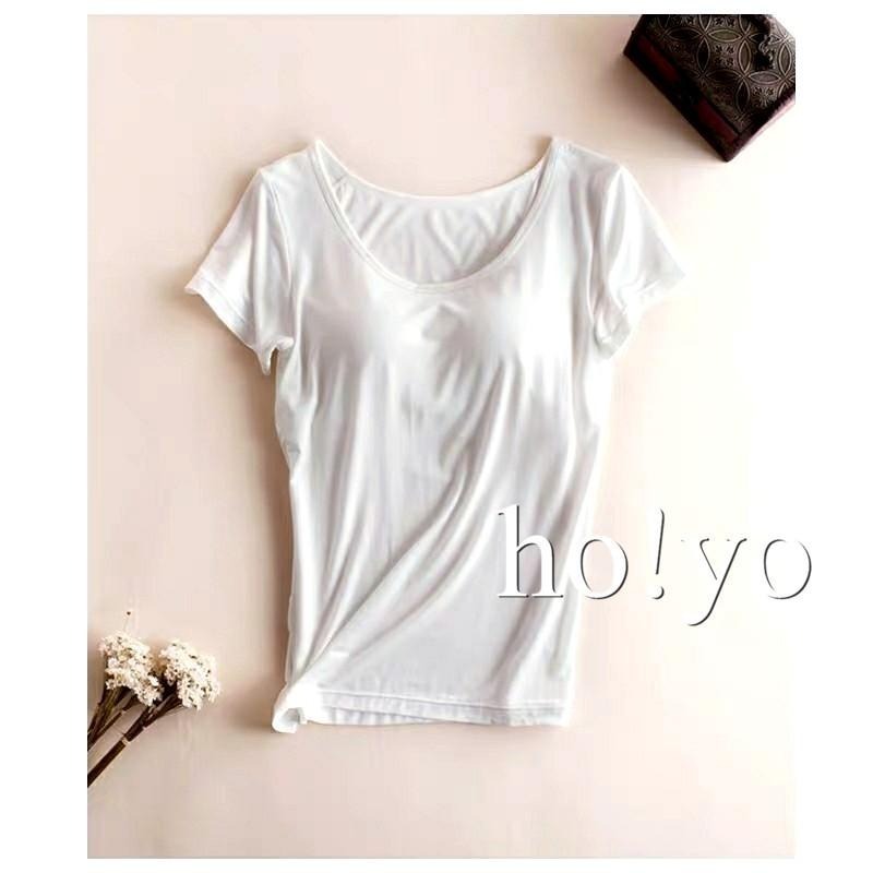 台灣出貨 免穿內衣 超彈 莫代爾 罩杯上衣 罩杯睡衣 無鋼圈 BRA上衣 短袖T恤 素T 內睡衣 睡衣 胸墊T恤-細節圖4