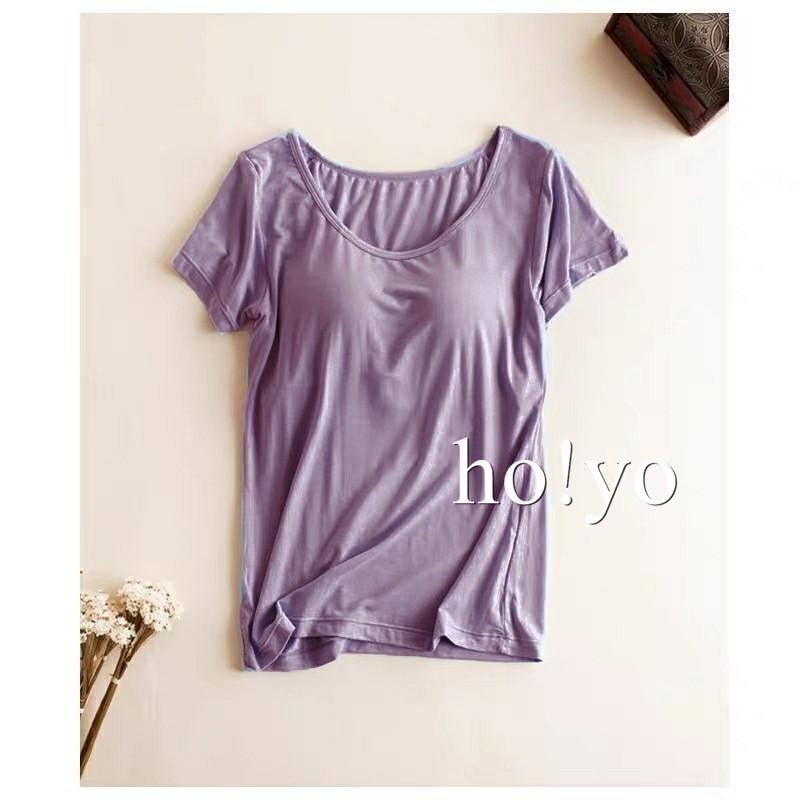 台灣出貨 免穿內衣 超彈 莫代爾 罩杯上衣 罩杯睡衣 無鋼圈 BRA上衣 短袖T恤 素T 內睡衣 睡衣 胸墊T恤-細節圖6