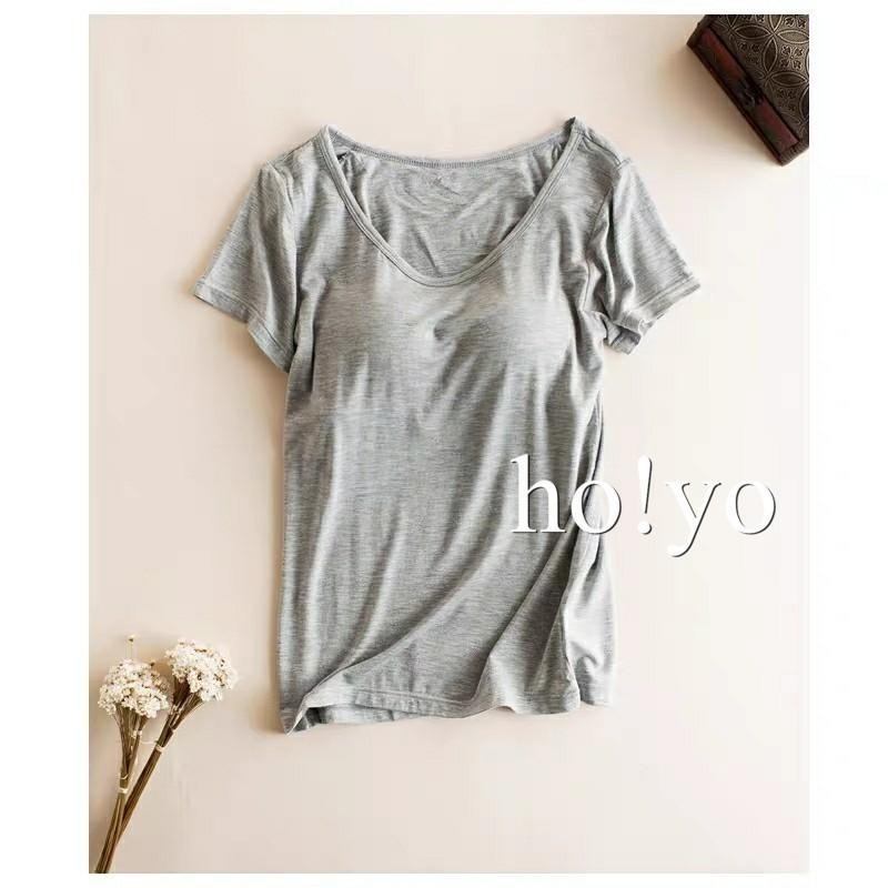 台灣出貨 免穿內衣 超彈 莫代爾 罩杯上衣 罩杯睡衣 無鋼圈 BRA上衣 短袖T恤 素T 內睡衣 睡衣 胸墊T恤-細節圖7