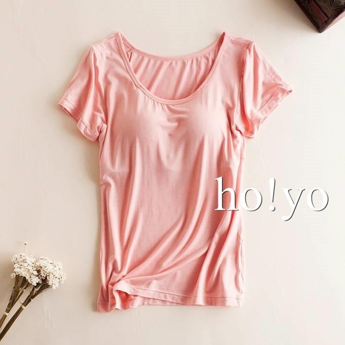 台灣出貨 免穿內衣 超彈 莫代爾 罩杯上衣 罩杯睡衣 無鋼圈 BRA上衣 短袖T恤 素T 內睡衣 睡衣 胸墊T恤-細節圖8