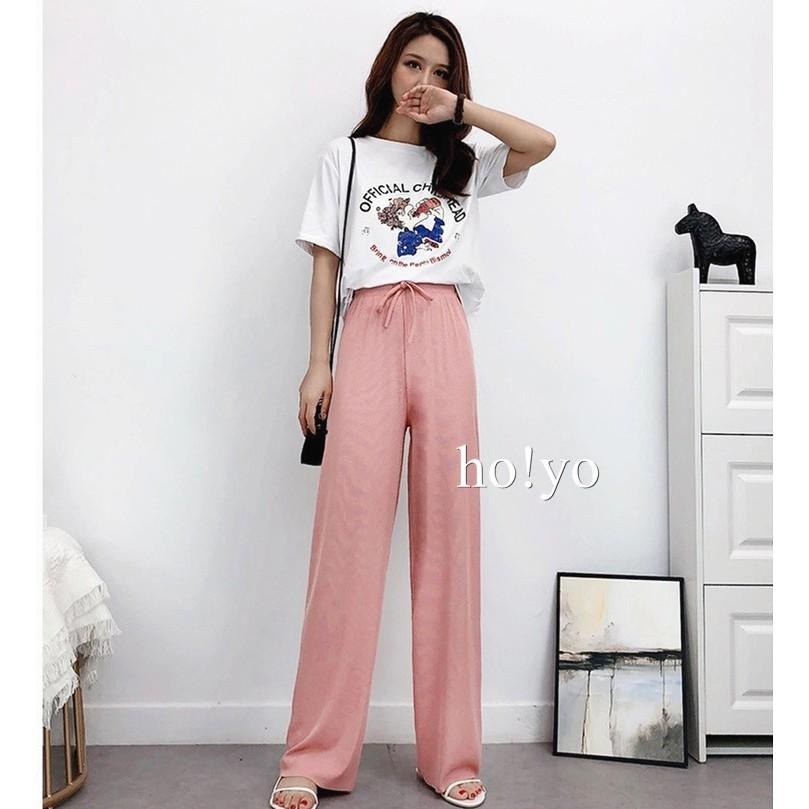 韓系🇹🇼 8色顯瘦高腰 寬褲 垂墜感 落地褲 闊腿褲 百搭 冰絲涼感 鬆緊帶 坑條 落地寬褲 寬鬆  長褲 黑褲-細節圖6