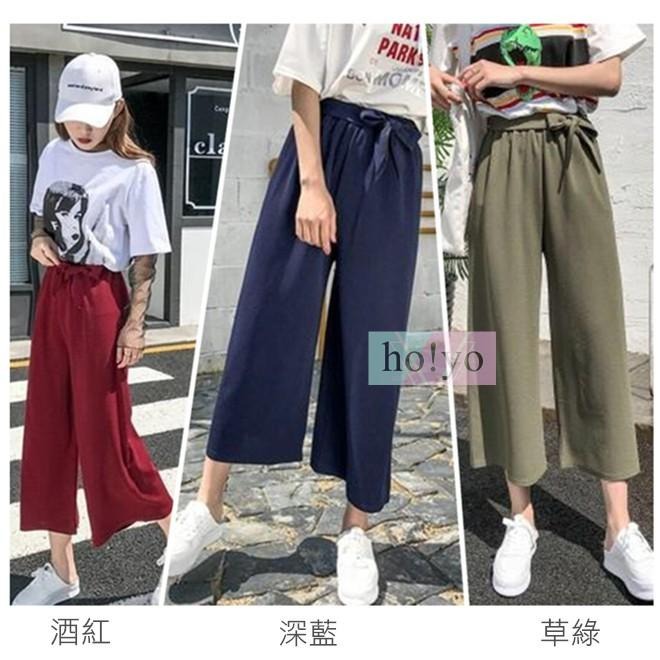 爆賣現貨🇹🇼 包色 顯瘦韓系綁帶 寬褲 高腰褲 休閒褲 闊腿褲 寬鬆 高腰長褲 百搭 褲子女裝 九分寬褲 寬褲-細節圖3