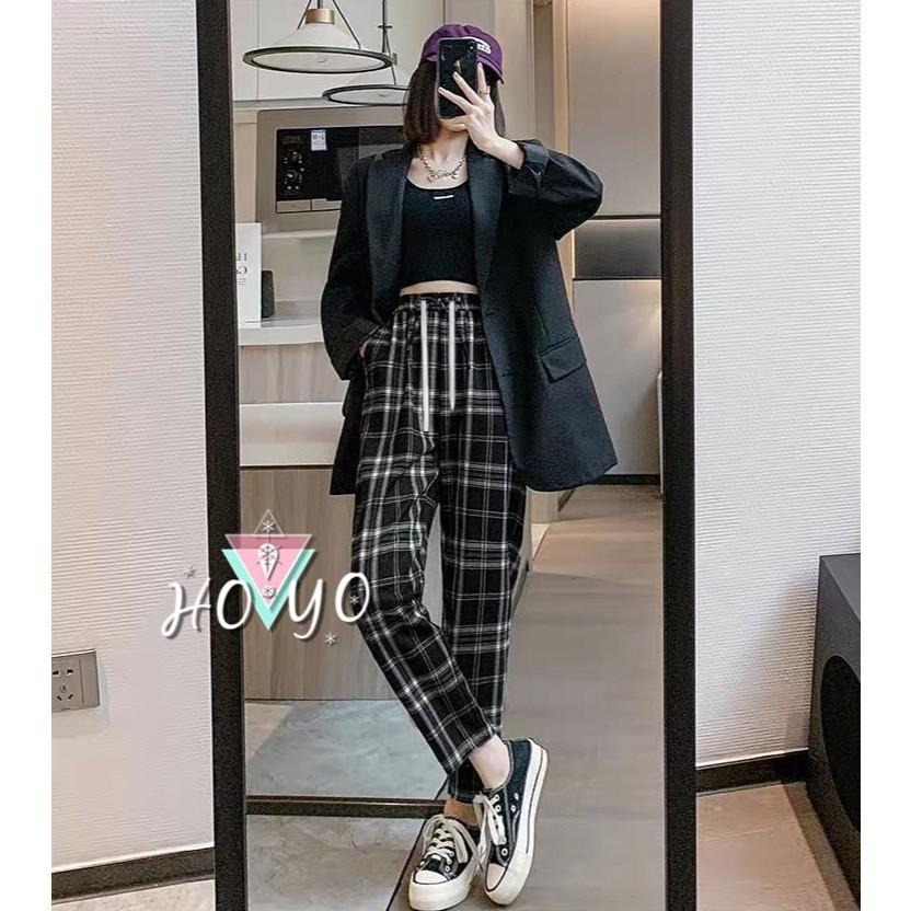 熱銷現貨🇹🇼毛呢面料挺版 顯瘦 格子褲 哈倫褲 格紋褲 老爺褲 女長褲 修身褲 日系 休閒長褲 休閒褲-細節圖2