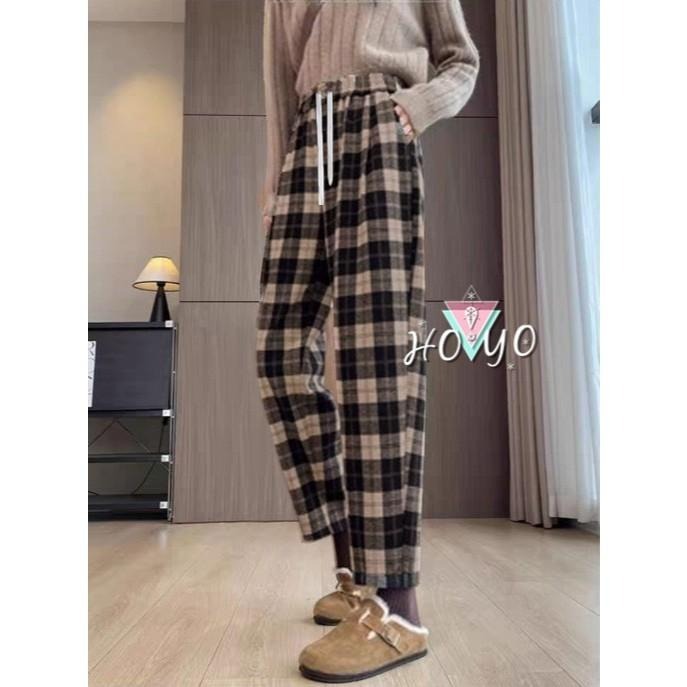 熱銷現貨🇹🇼毛呢面料挺版 顯瘦 格子褲 哈倫褲 格紋褲 老爺褲 女長褲 修身褲 日系 休閒長褲 休閒褲-細節圖3