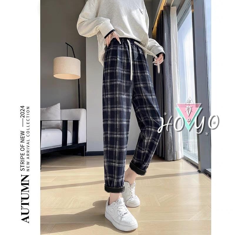 熱銷現貨🇹🇼毛呢面料挺版 顯瘦 格子褲 哈倫褲 格紋褲 老爺褲 女長褲 修身褲 日系 休閒長褲 休閒褲-細節圖4